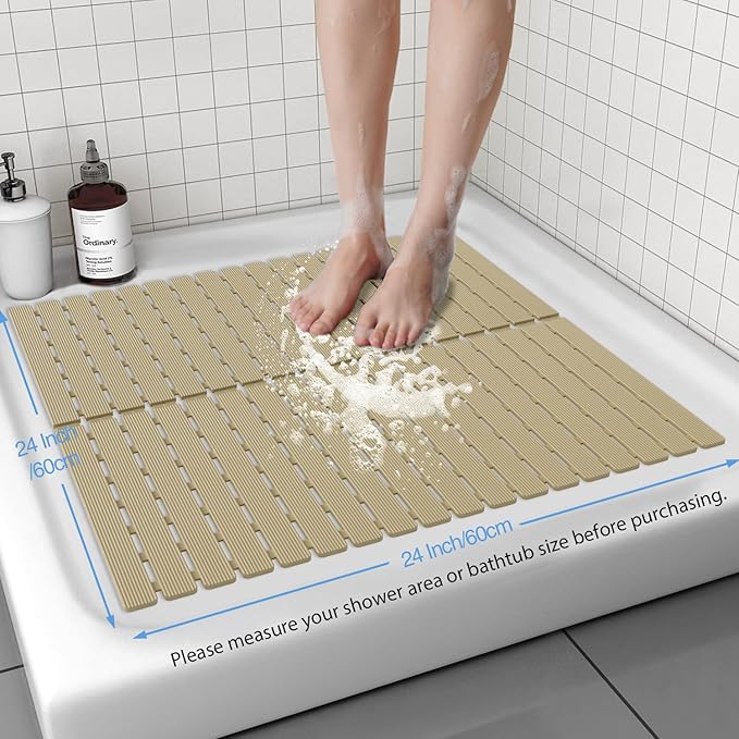 Shower Mat Non-Slip Bath Mat for Tub and Shower Stall,236 Suction Cups with Drain Holes, Quick Dry Machine Washable, Extra Grip for Stand Up Showers, Bathroom Essentials 24x24 Inch (Brown)
