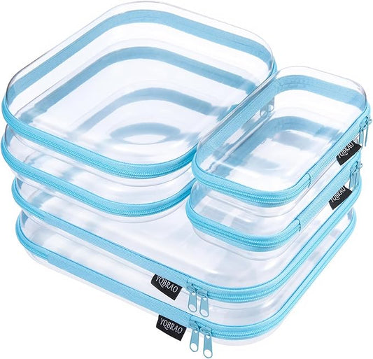 YQBRAO 6 Pack Sky Blue Clear Hard Shell Zipper Case, 1.2mm Heavy Duty Multi-Size Organizer Pouches for Home & Travel, Crush-Proof Storage Bags for Essentials, Toys & Toiletries (2L, 2M, 2S)