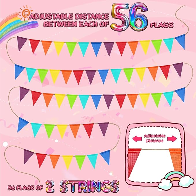 112 Flags/72ft Pennant Banner Flags Garland, Triangle Banner Pennant Flags on a String, Rainbow Burlap Pennant Banner Garland Bunting Banner for Outdoor Birthday Party Decorations Rainbow