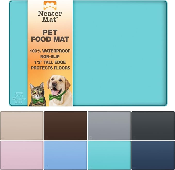 Neater Pet Brands Neater Mat Pet Mats for Food and Water, Cat & Dog Bowl Mat Waterproof Silicone, Feeding Tray, Dog Food Mats for Floors, Placemat w/Raised Edge for Under Bowls, 16” x 10”, Aquamarine