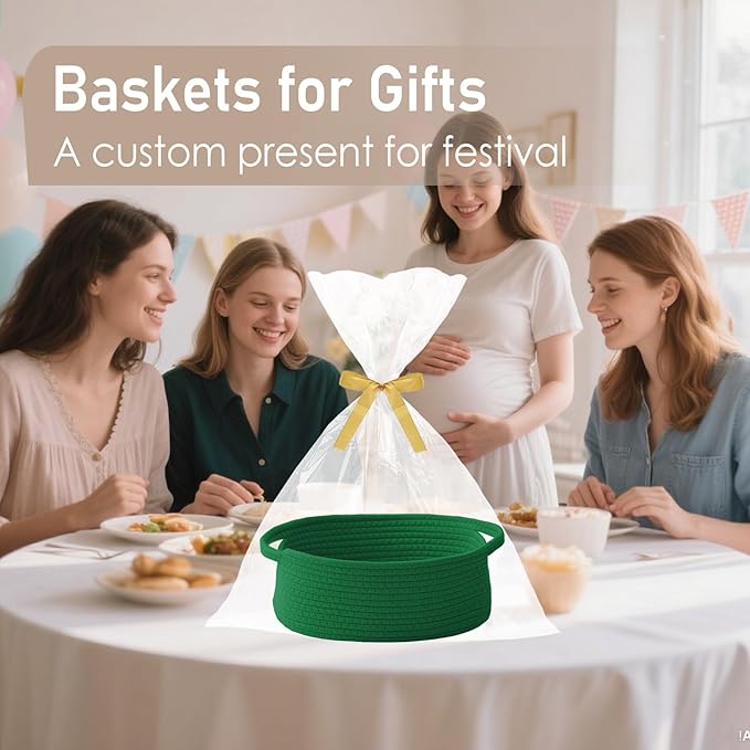 Woven Basket,Small Rope Storage Bin with Handles & Ribbon Bag, Organizer for Shelves Closets,Gift Basket Empty for Birthday,Books,Dog Toys, Green/3 Pack