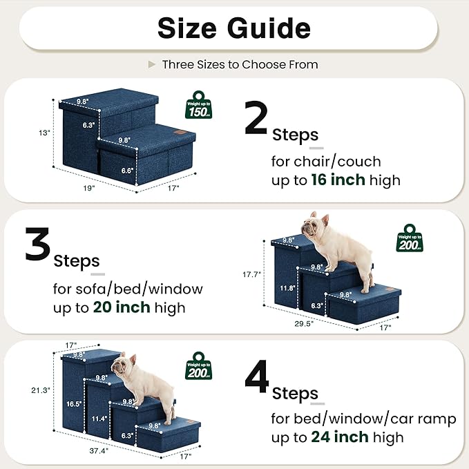 Love's cabin Dog Stairs with Storage 13" H,Foldable Pet Stairs for Small Medium or Large Dogs,Cat Puppy Steps Ramp with Zip up to 150 lbs(Navy Blue,2 Steps no Condo)