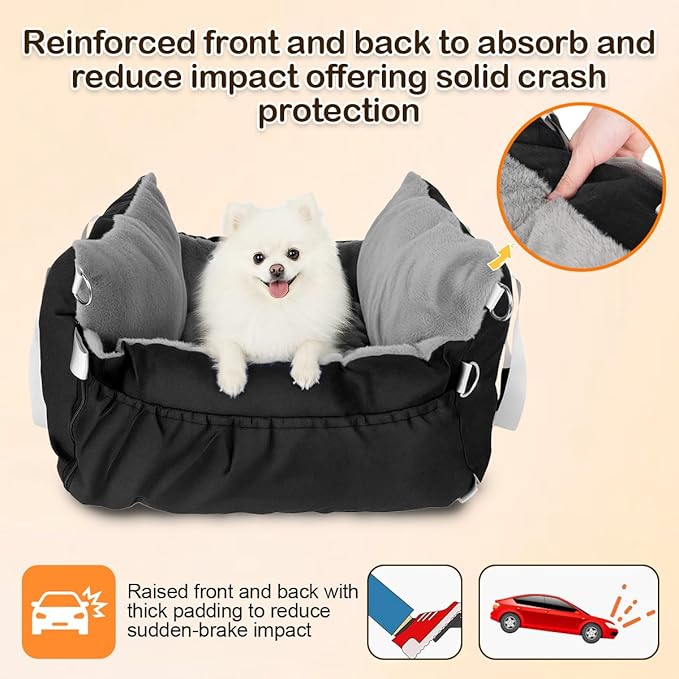 Dog Car Seat for Small Dogs – Pet Safe Soft Booster Car Seat with Side Flaps, Nonslip Base & Clip-On Leash, Storage, Portable Travel Bed Puppy Bags for Outdoor, Holds Up to 25 lbs, Black