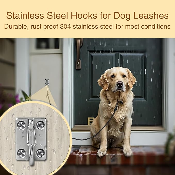 Lonepetu Secure Dog Leash Holder for Wall Mounted, Heavy Duty Stainless Steel Hooks for Dog Leashes for Tie Out in Yard, Enclosed Pet Leash Wall Hook for Indoor & Outdoor Use Easy to Install