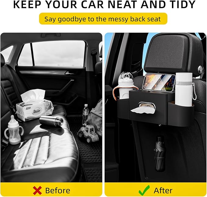 Car Back Seat Organizer with one towel， Multifunctional Car Back Seat Storage Box with 2 Drink Cup Holder Tissue Box for Hold Phone Drinks Handbag Compatible with Most Vehicles (Black)