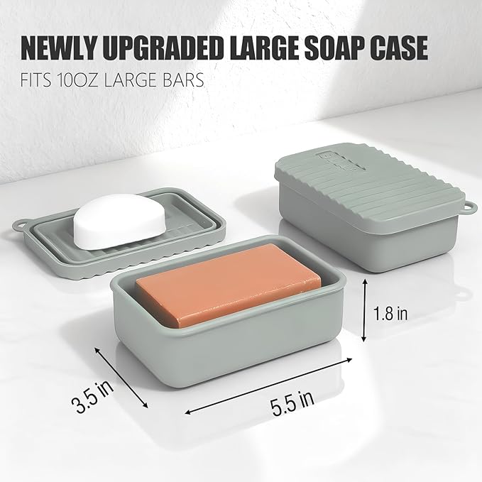 OTHIX Large Travel Soap Case, Silicone Leak Proof Soap Holder Compatible with 10 oz Duke Cannon ＆ Dr. Squatch | for Long Journey, Gym & Camping | Easy to Clean (Gray)