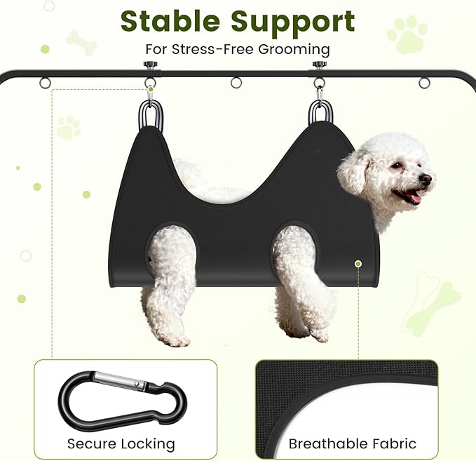 Dog Grooming Arm with Hammock & 2 Nooses - Adjustable Table Arm Height 20''-42'', Width 27''-39'', Table Clamp Up to 2.76'' Thickness, Pet Grooming Table Arm for Small Medium Breeds Up 70IB, Stable