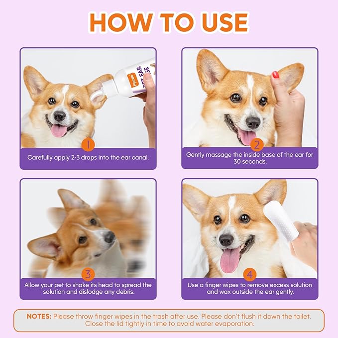 Dog Ear Cleaner Kit - Dog Ear Finger Wipes and Ear Cleaner Solution for Dogs and Cats, Gently Remove Ear Wax & Debris, Soothe Ear Itching, Deodorize, Pet Ear Wash with Aloe Vera & Witch Hazel