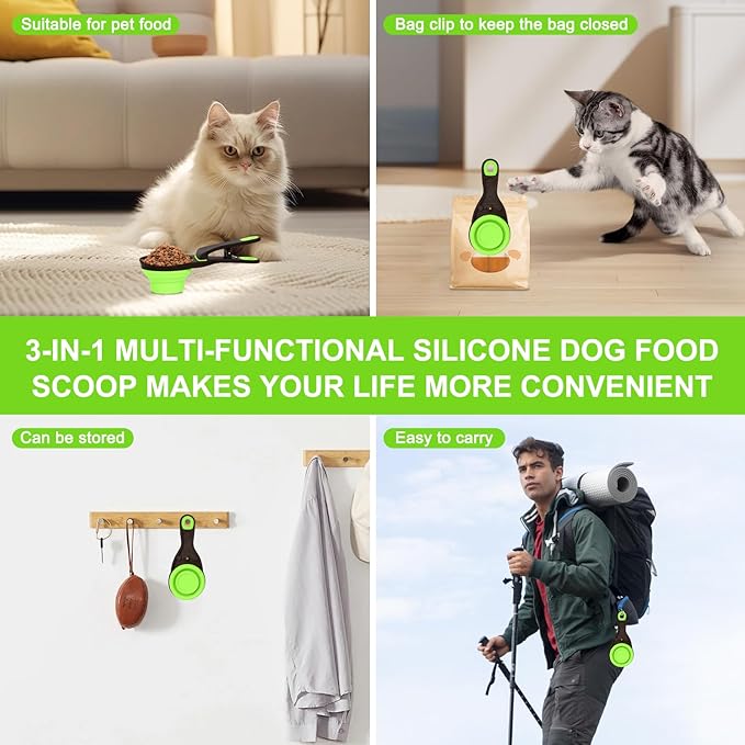 PNEUICALLY Collapsible Silicone Dog Food Scoop Foldable Pet Food Measuring Cup with Bag Clip 3 in 1 Multi-Function Silicone Dog Food Scooper (Green, Small)