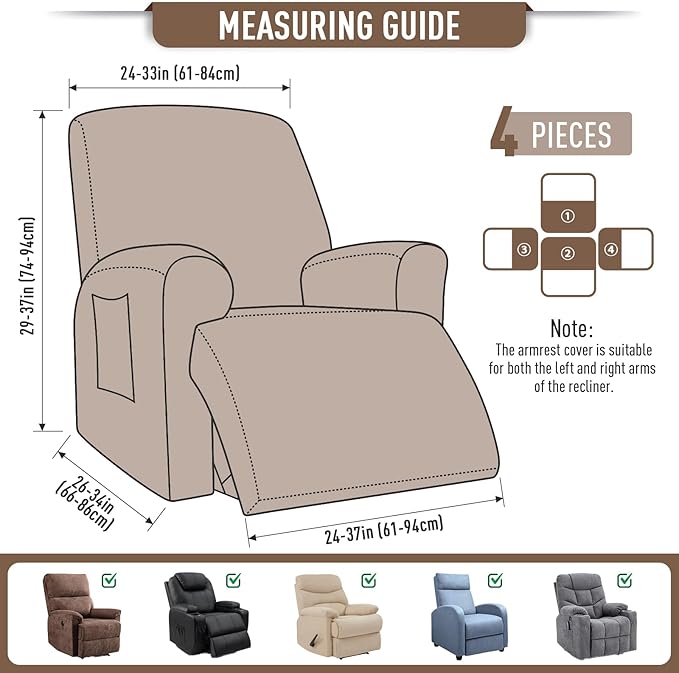 TAOCOCO Recliner Cover 4-Pieces, Recliner Stretch Sofa Slipcover, Recliner Cover 1 Seat, Couch Protector Soft, Furniture Protector Covers with Elastic,Chair Covers Jacquard Pattern (Khaki)