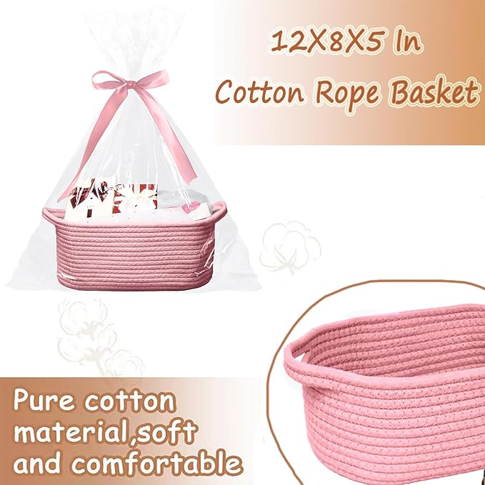Poschnor Baby Gift Basket with Gift Bags and Ribbons, 12x 8x 5 Inch Basket for Baby and Pet Toys, Small Cotton Rope Basket - Pink