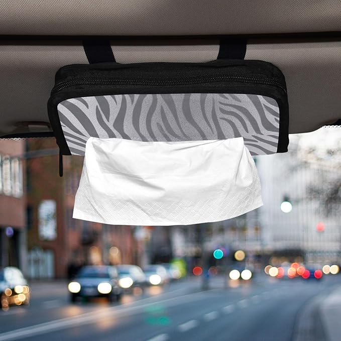Car Tissue Holder Car Napkin Holder Car Tissue Box Dispenser Storage Case Sun Visor Mask Holder with Adjustable Straps Reusable Refillable Light Silvery Zebra Print