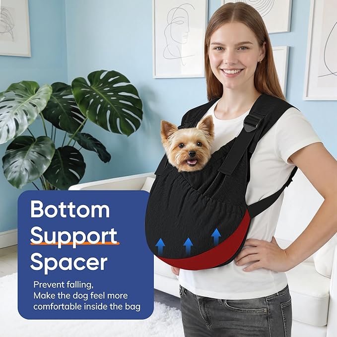 Supet Dog Sling Carrier, Hands Free Adjustable Puppy Pouch Carrier, Soft Wearable Pet Front Bag for Dachshund & Teacup Dogs, Anti-Anxiety Chest Carrier with Back Pain Relief (Black, Plus)