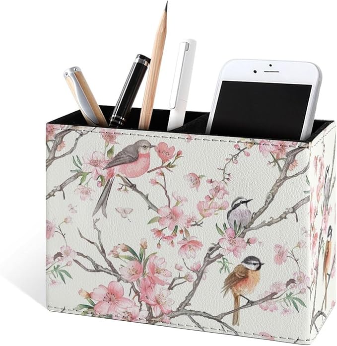 Famame Birds Peach Blossom Pencil Holder for Desk, Leather Desktop Container Pen Cup Storage Study Table Pen Organizer Makeup Brush Holder for Classroom Office Home