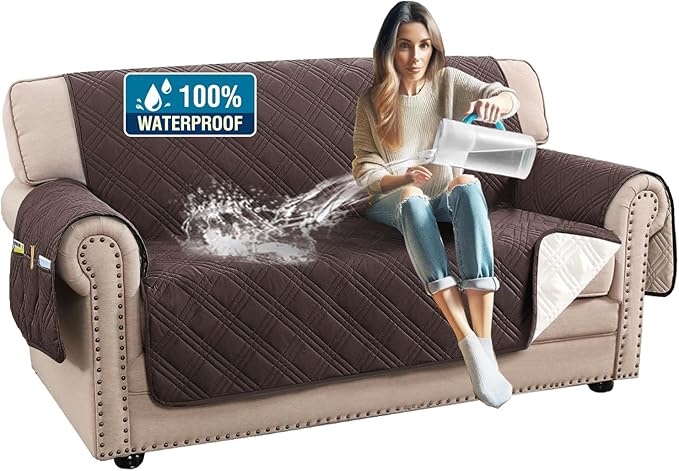 H.VERSAILTEX 100% Waterproof Couch Cover 2 Cushion Sofa Modern Sofa Covers Waterproof and Washable Thick Soft Couch Cover for Pets with Elastic Straps(Loveseat,Chocolate/Beige)