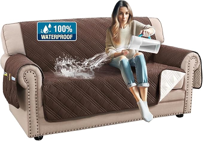 H.VERSAILTEX 100% Waterproof Furniture Covers for Sofa and Loveseat Modern Sofa Covers Waterproof and Washable Thick Soft Couch Cover for Dogs with Elastic Straps (Loveseat, Brown/Beige)