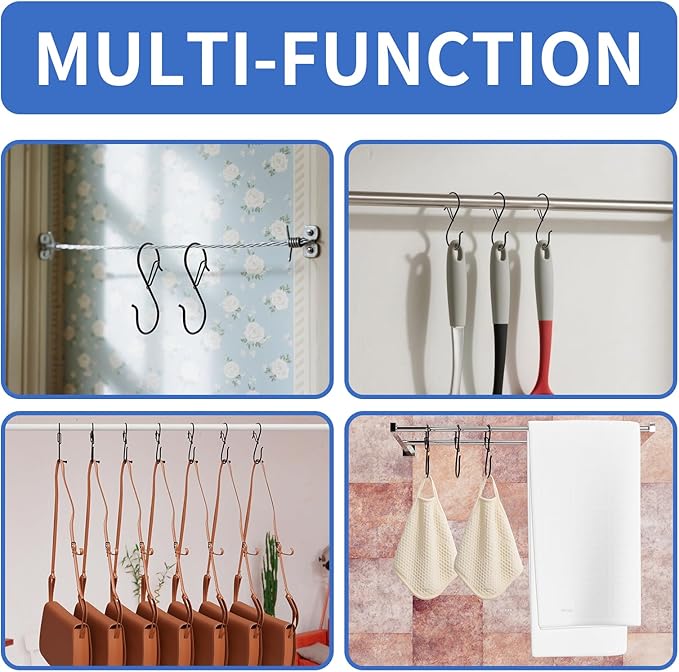 S Hooks for Hanging Hanger,Purse Hooks Hanging Bag Hanger,3.5-inch Heavy Duty Metal S Hook with Safety Buckle Metal S Shaped Hooks for Home Kitchen Closet Organizer,Suitable for 0.5 inch Rods (50)