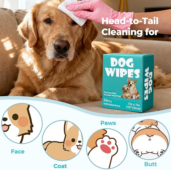 Falatong Dog Wipes, Pet Grooming Cleaning Wipes for Dogs, 7x7 Inch, 40 Count Individual Packs, Hypoallergenic Unscented for Face, Paws, Body