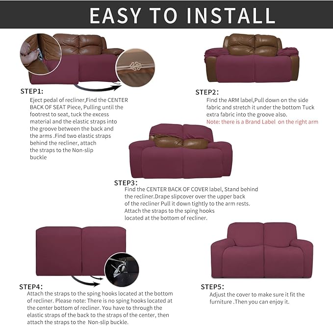 Easy-Going 6 Pieces Recliner Loveseat Stretch Sofa Slipcover Sofa Cover Furniture Protector Couch Soft with Elastic Bottom Kids, Spandex Jacquard Fabric Small Checks ASH Rose