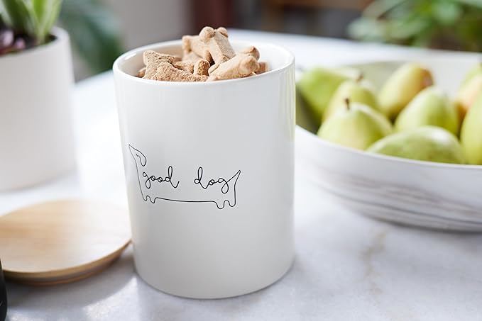 Pearhead Good Dog Ceramic Treat Jar with Airtight Wooden Lid – Modern Neutral Pet Treat Canister Keeps Snacks Fresh – Stylish Countertop Storage, 4 Cup / 32 oz