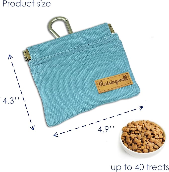 Raisingwell Dog Treat Pouch, Green Pocket Sized Pet Training Pouch, Cotton Fabric, Hand Free Dog Walking Bag with Carabiner, Self-Closing Pet Feed Snack Reward, for Puppy Travel or Outdoor Use