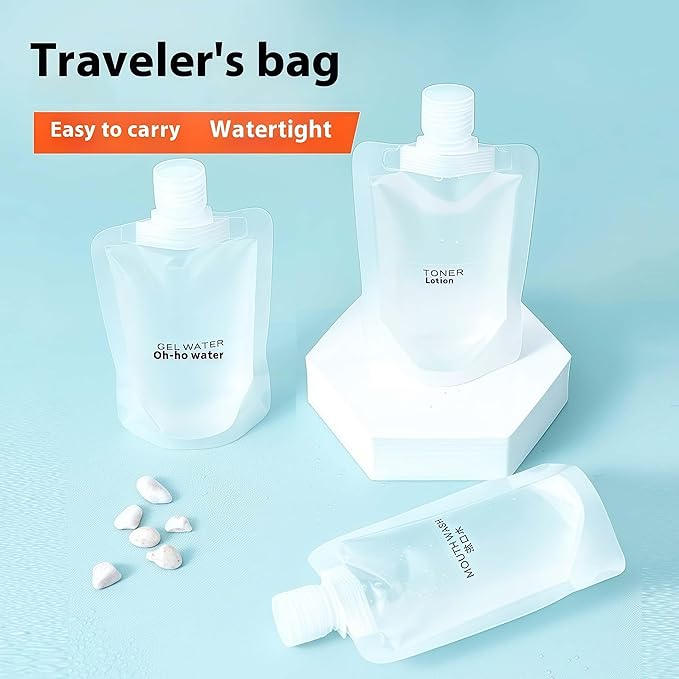 10 Pack Travel Pouches for Toiletries, Size Portable Containers,Stand Up Pouch,Refillable Travel Accessories for Shampoo Conditioner (100ML/3.4OZ/10piece)