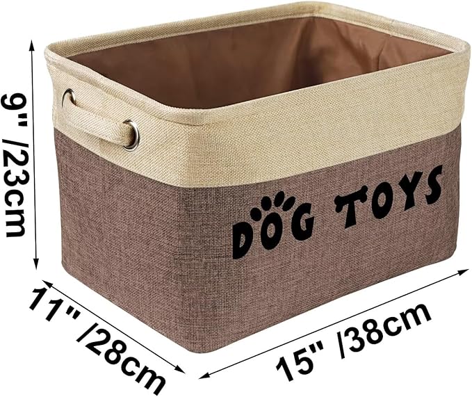 PET ARTIST Dog Toy Basket, Collapsible Dog Toy Bin Box, Large Pet Toy Storage Organizer with Comfortable Handles for Accessories, Toys, Coat & Clothing, Blanket & Leash, Brown-1, 15"x11"x9"