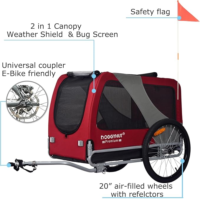 DOGGYHUT® Premium XL Pet Bike Trailer for Large Dog or Multiple Small Dogs, Up to 100 lbs,Dog Bicycle Carrier,Low Center of Gravity,Easy Folding Frame Cart