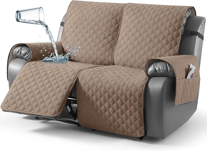 TAOCOCO 100% Waterproof Recliner Couch Covers, Recliner Sofa Covers with Leg Straps, 1-Piece Washable Reclining Sofa Cover with Pocket Couch Protector for Pets Kids(2 Seater, Khaki)