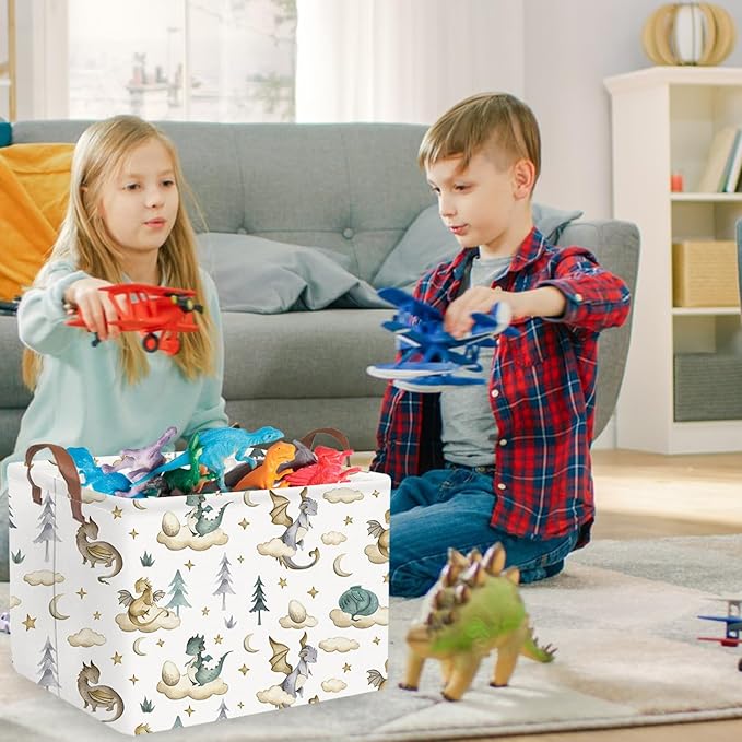 FXOCSHE Rectangular Dinosaur Baskets,Watercolor cute dragon fairy tale kids nursery basket,Cloud moon star dragon egg laundry basket for kid,Toys Box,Dinosaur Room Decor(Cute dinosaur)