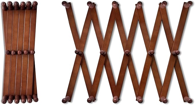 Mercurial Trade Expandable Wooden Coat Rack Hanger – Accordion Wall Mounted Pine Wood Hooks – Hand Made Vintage Expending Pegs – Hang Coat, Jacket, Hat, Leash, Towel, Mug, Bag – 17 Hook, Dark Walnut