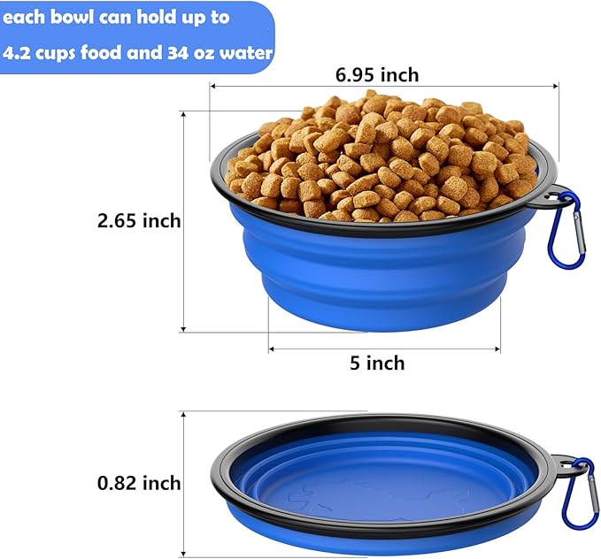 2 Pack Collapsible Dog Bowl Travel Portable Pet Bowls [34oz,1000ml],Expandable Foldable Food Water Feeding Dishes for Traveling Hiking Walking,with Carabiners [Black,Blue]