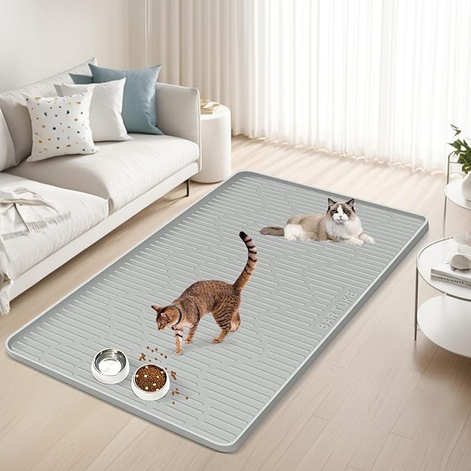 Silicone Cat & Dog Food Mat, 55" x 38" Extra Large Pet Feeding Mat for Cats and Dogs Bowl, Pet Placemat for Food and Water with Raised Edge, Waterproof, Leakproof (Grey)