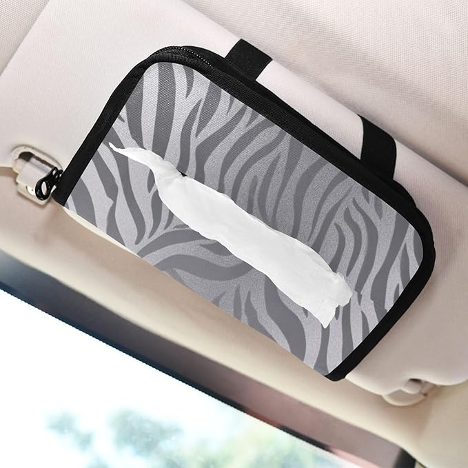 Car Tissue Holder Car Napkin Holder Car Tissue Box Dispenser Storage Case Sun Visor Mask Holder with Adjustable Straps Reusable Refillable Light Silvery Zebra Print