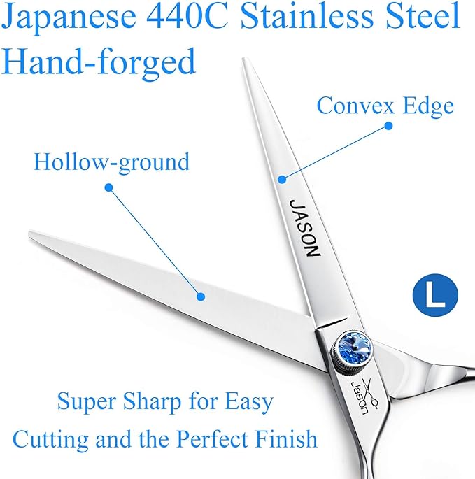 JASON Left Handed 7" Straight Dog Grooming Scissors, Premium Cats Grooming Shears Pets Trimming Kit with Offset Handle and a Jewelled Screw, Sharp, Comfortable
