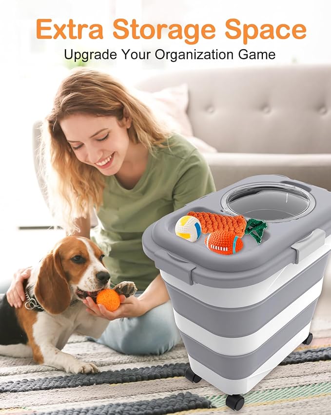 DDMOMMY 25-28 Lbs Dog Food Storage Container with Handle, Collapsible Dog Food Container with Airtight Lids, Wheels, Large Pet food storage Container for Dog Cat,Dog Food Scoop,Small Container