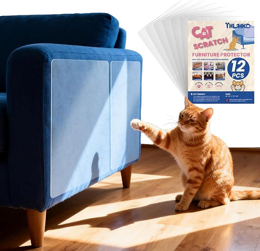 12PCS Cat Scratch Furniture Protector, Single Sided Couch Protectors Tape from Cats Claws Scratching, Transparent Sticky Sheets Proof Clawing Sofa Corner Protection Cover Anti Scratch for Furniture
