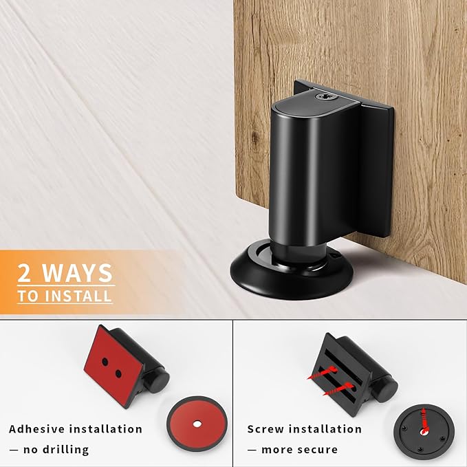 Bak Bo Magnetic Door Stoppers 1 Pack Bottom of Door Holder Keep Door Open No Drilling Magnet Floor Door Stop with Screws and Adhesive Matte Black DS268MB-1