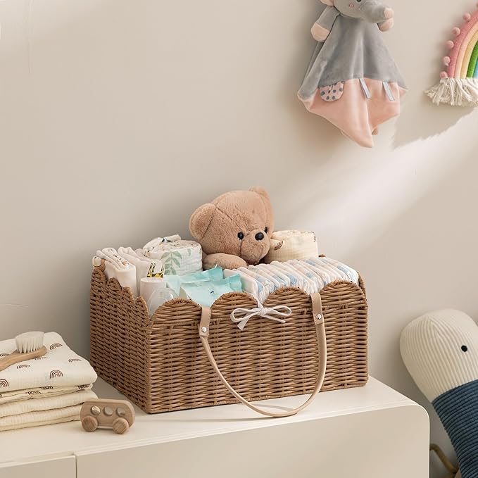 HBlife Baby Diaper Caddy Organizer, Portable Scalloped Plastic Wicker Woven Basket with Divider, Nursery Diaper Station, Baby Shower Gifts Basket, Car Organizer, Washable Waterproof