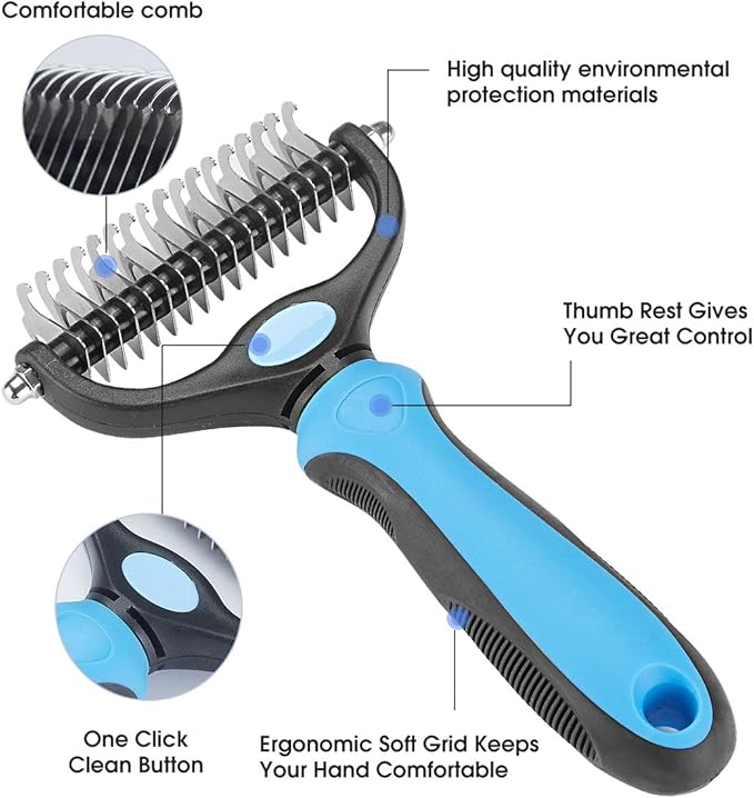 XLCL pet Pet Grooming Tool - 2 Sided Undercoat Rake for Cats and Dogs - Safe Dematting Comb for Easy Mats & Tangles Removing - No More Nasty Shedding and Flying Hair blue