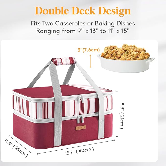 Lifewit LUNCIA Double Decker Insulated Casserole Carrier for Hot or Cold Food, Lasagna Lugger Tote for Potluck Parties/Picnic/Cookouts, Fits 9"×13" Baking Dish, Red