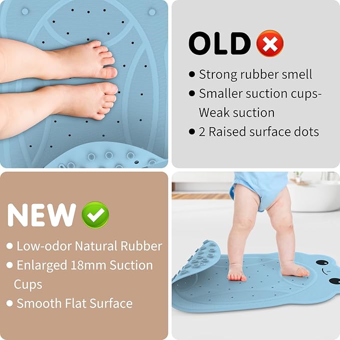 Upgraded Bathtub Mat Non Slip, Kids Bath Mat 30"x 18", Bath Mat for Tub Non Slip with Strong Suction and Textured Surface, Natural Rubber Latex Free PVC Free Safe for Baby, Frog Pattern, Blue