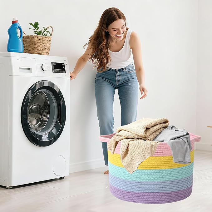 65L Extra Large Woven Cotton Rope Blanket Basket with Handles, Laundry Hamper Storage Bin for Pillows, Comforters,Clothes, Toys, Nursery, Bedroom and Living Room Organization,Colorful