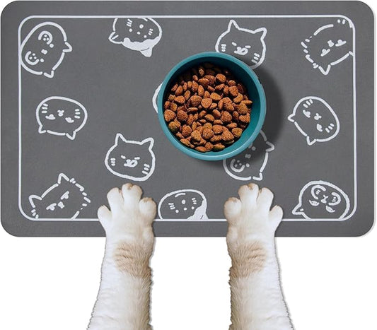 YCT Cat Food Mat for Pet Dog Feeting Mats, Cat Mat for Food and Water, Non-Slip Super Absorbent, with Multiple cat Heads Logo，18.1 x 11.8 inches, Dark Grey