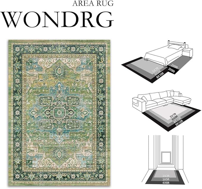 6x9 Washable Vintage Area Rug Green Oriental Living Room Bedroom Throw Rug Neutral Non Slip Soft Low Pile Carpet for Dining Room Office Nursery Indoor