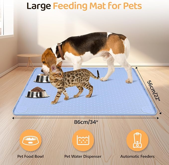 Bartuke Dog Food Mat, Extra Large 34" x 22" Silicone Pet Feeding Mat with Raised Edge Pet Placemat for Small, Medium, and Large Pets Non-Slip, Easy to Clean (Blue)