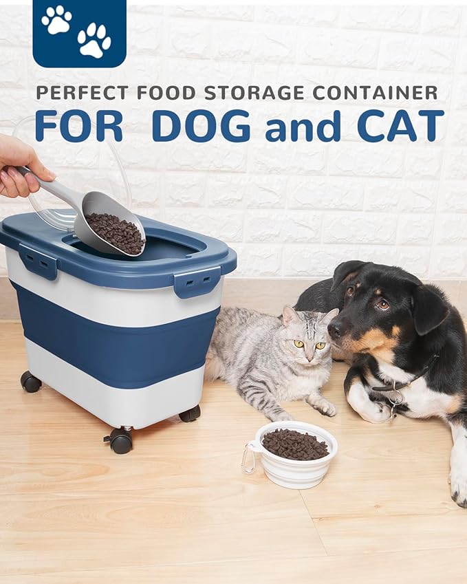 DDMOMMY 20-23 Lbs Dog Food Storage Container - Collapsible Dog Food Container with Wheels Airtight Lids, Scoop and Small Container, Pet Food Storage Dry Food For Dog, Cats and Other Pet (Blue)