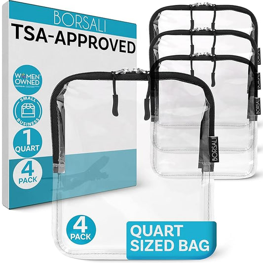 BORSALI Quart Size Bag TSA-Approved for Carry On Travel - One (1) Quart Clear Toiletires, Cosmetic and 3-1-1 Liquids Toiletry Bag - 4 Pack