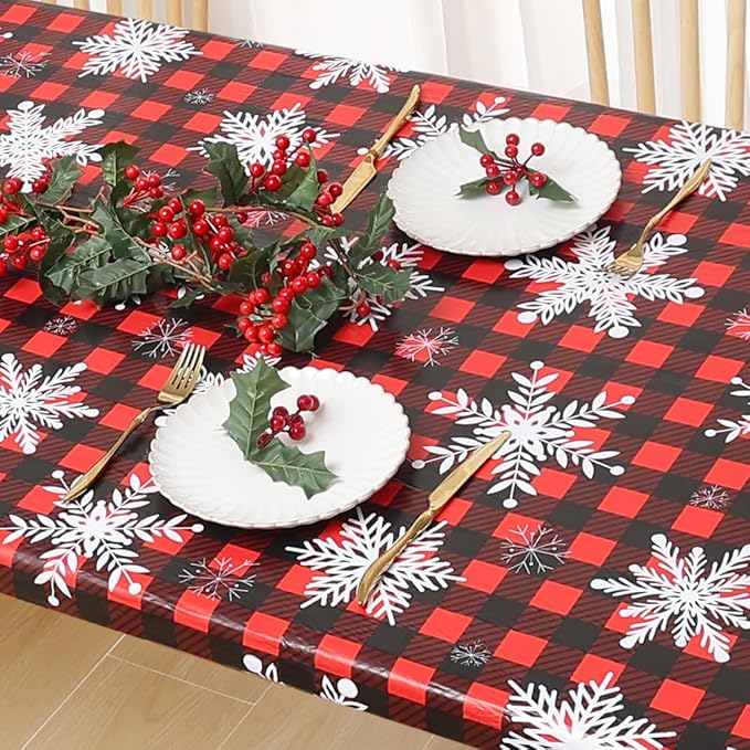 misaya Rectangle Vinyl Tablecloth, Fitted Table Cover, Waterproof, Elastic Edge, Flannel Backing, Plastic Table Cloth Fit 6 Foot Folding Tables for Christmas Dinner (Buffalo Snowflakes, 30x72 inch)
