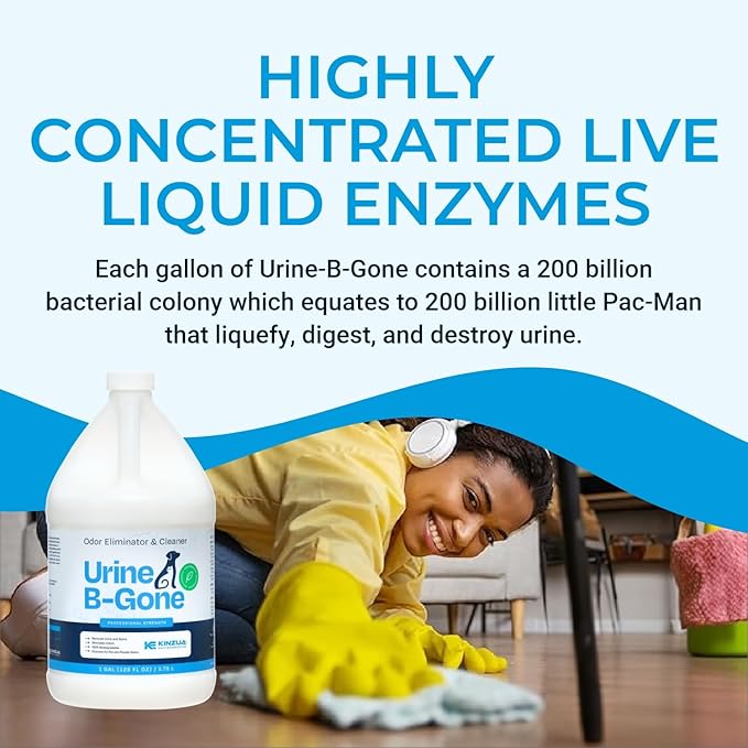 KINZUA ENVIRONMENTAL Urine B-Gone, Professional Enzyme Odor Eliminator & Pet Stain Remover, Human, Cat & Dog Urine Cleaner, Effective on Laundry, Carpets & More, Original Scent, 1 Gallon